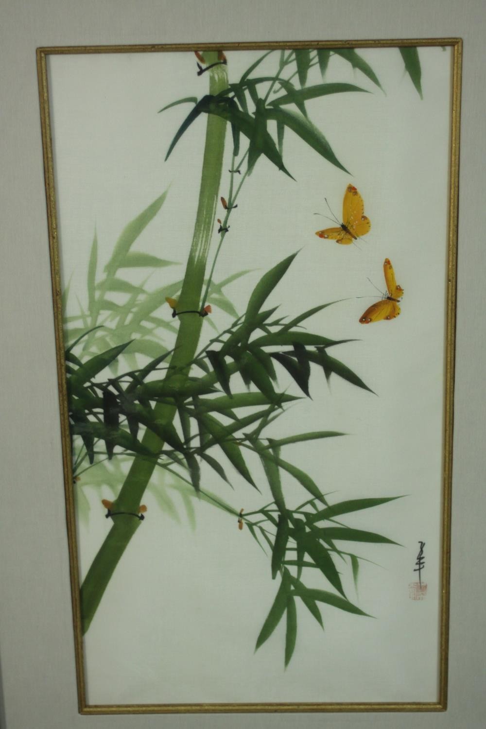Three framed and glazed Chinese inks on silk depicting flowers, foliage and insects. Each with - Image 4 of 15