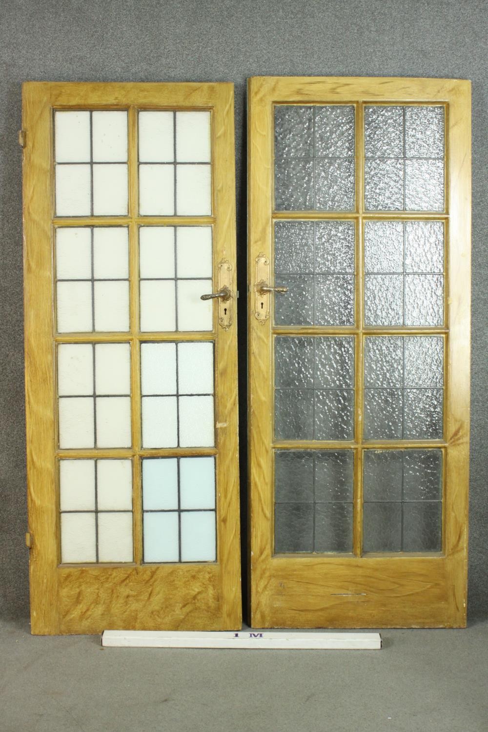 A pair of vintage simulated oak doors, lead set with textured glass panels, the reverse of one - Image 2 of 9