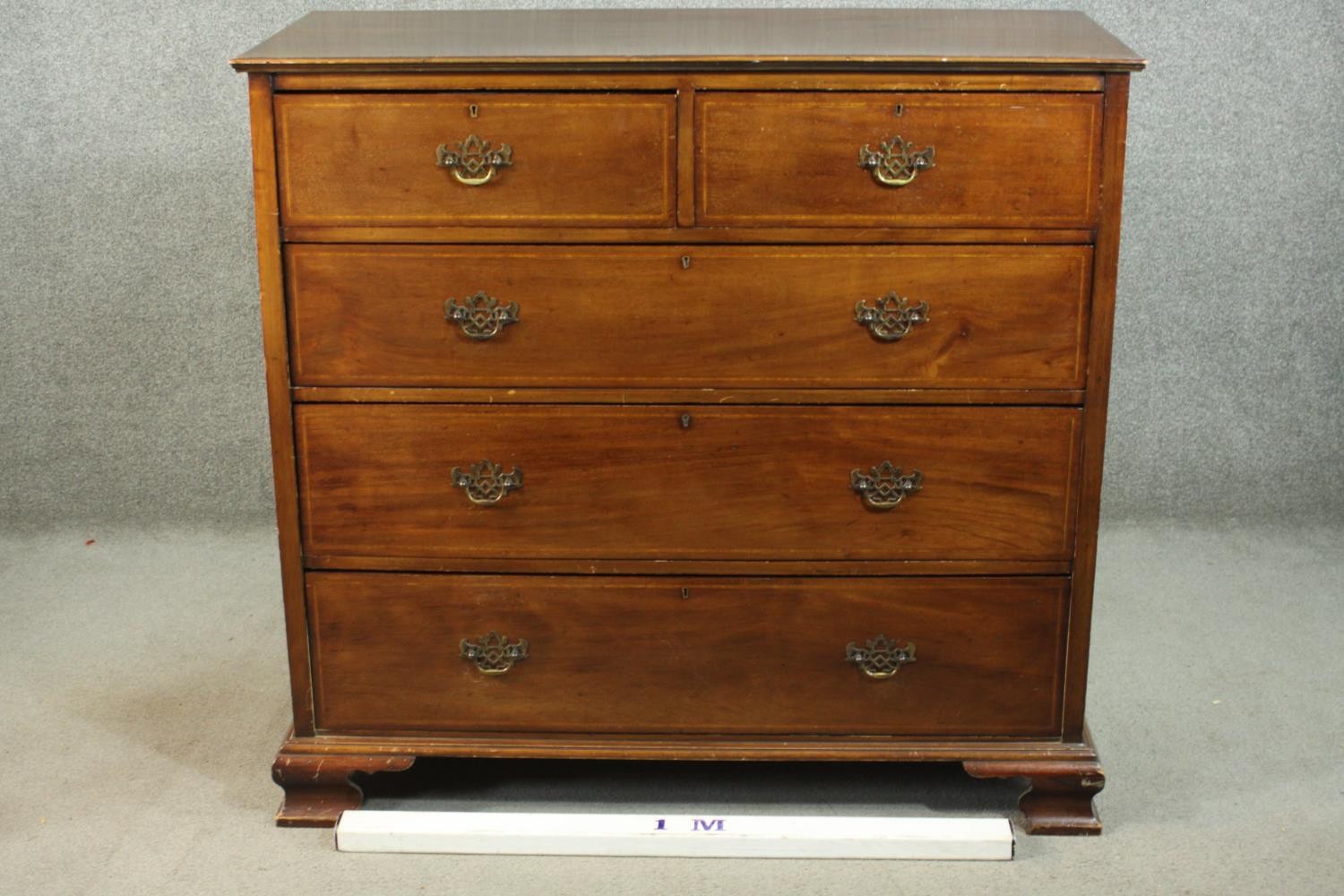 A Victorian walnut and line inlaid chest of two short over three long drawers, on ogee feet. H.115 - Image 2 of 9