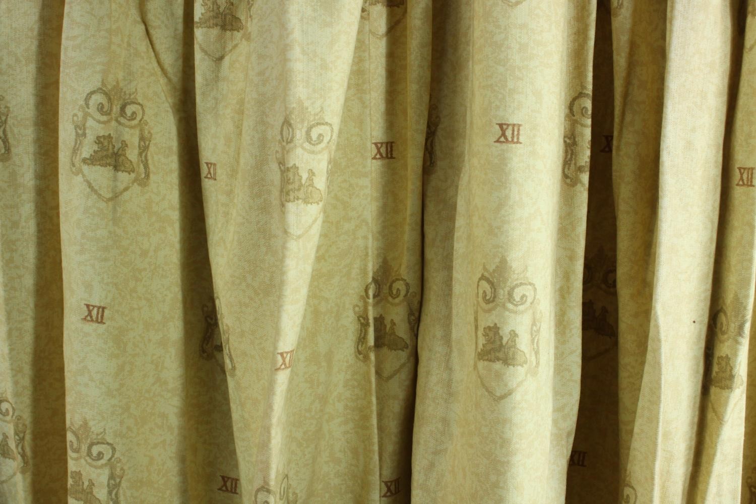 Three fully lined yellow cotton mix curtains decorated with heraldic design. H.170 W.220cm. - Image 5 of 9