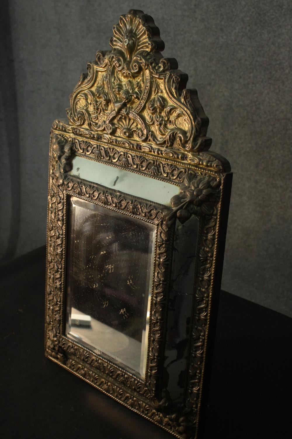 A 19th century Dutch pressed brass wall mirror, of rectangular form, within a marginal frame, with - Image 6 of 7