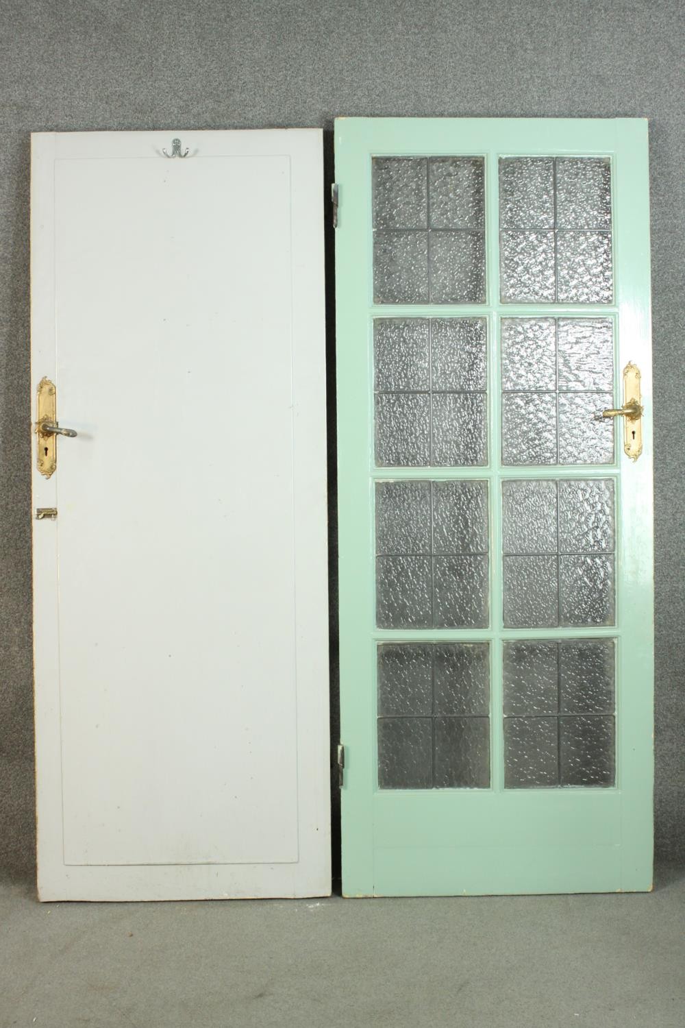 A pair of vintage simulated oak doors, lead set with textured glass panels, the reverse of one - Image 8 of 9