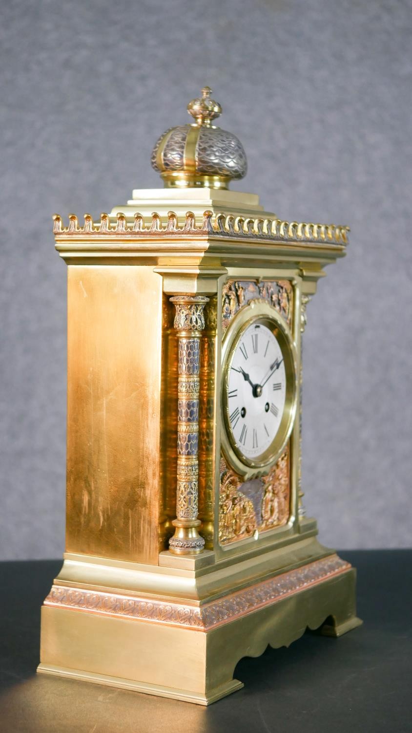A 19th century tri-metal Egyptian relief design mantle clock of architectural form. Brass movement - Image 7 of 13