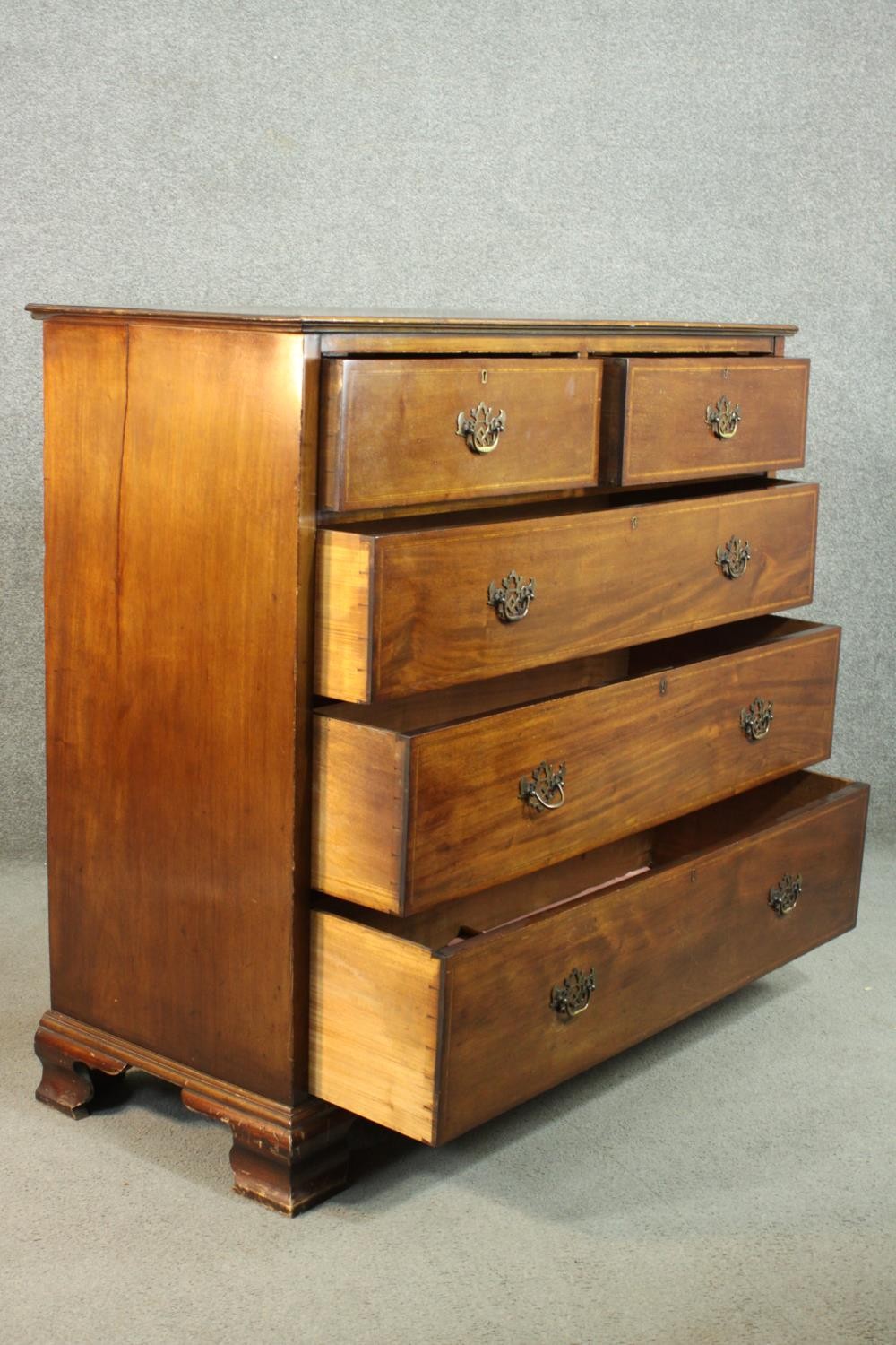 A Victorian walnut and line inlaid chest of two short over three long drawers, on ogee feet. H.115 - Image 6 of 9