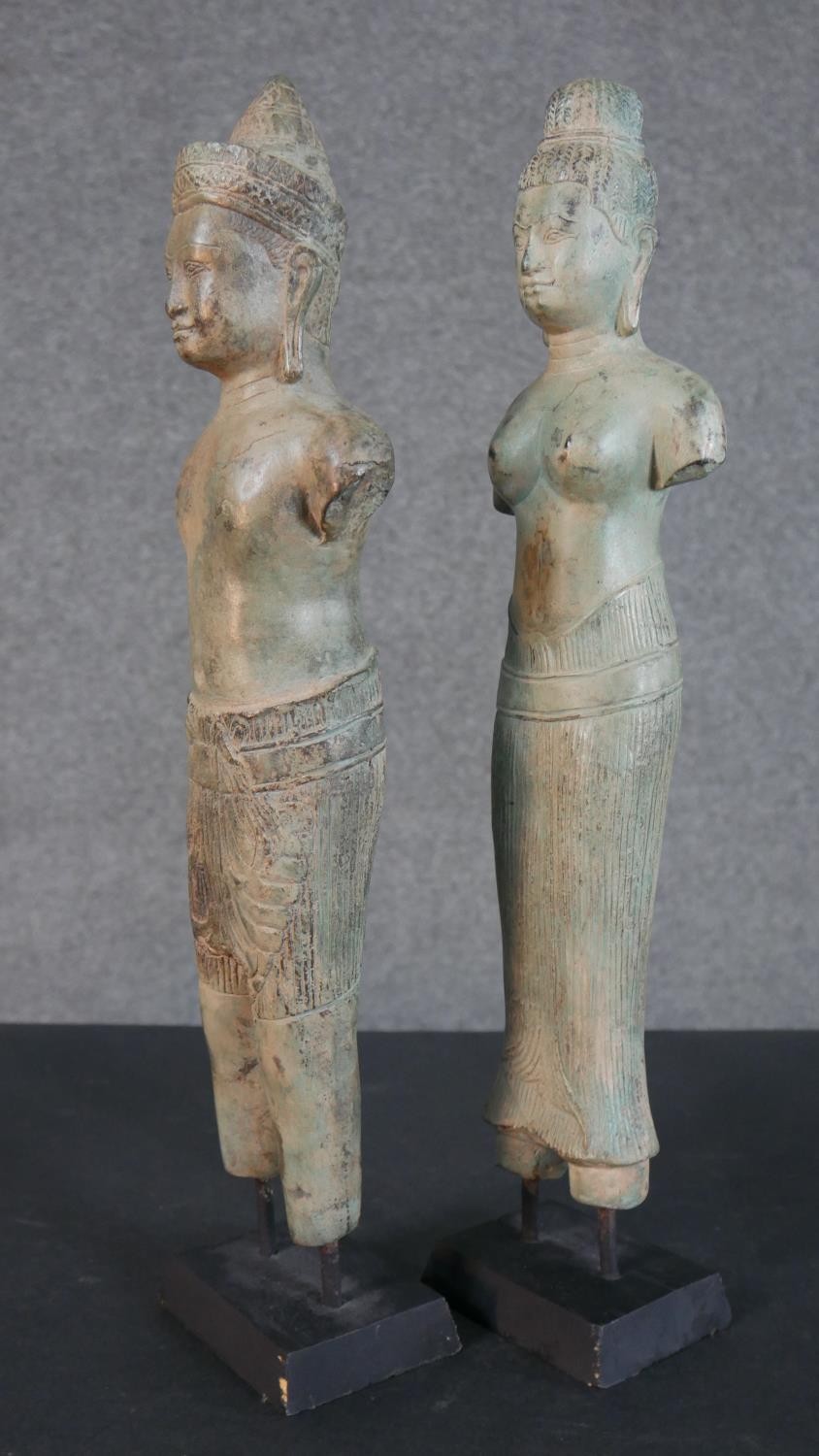 Two Khmer style bronze effect metal figures of two deities on display stands. H.46cm (largest) - Image 8 of 9