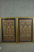 A pair of early 20th century Lampung ceremonial sarongs from South Sumatra, Indonesia. Woven cotton,