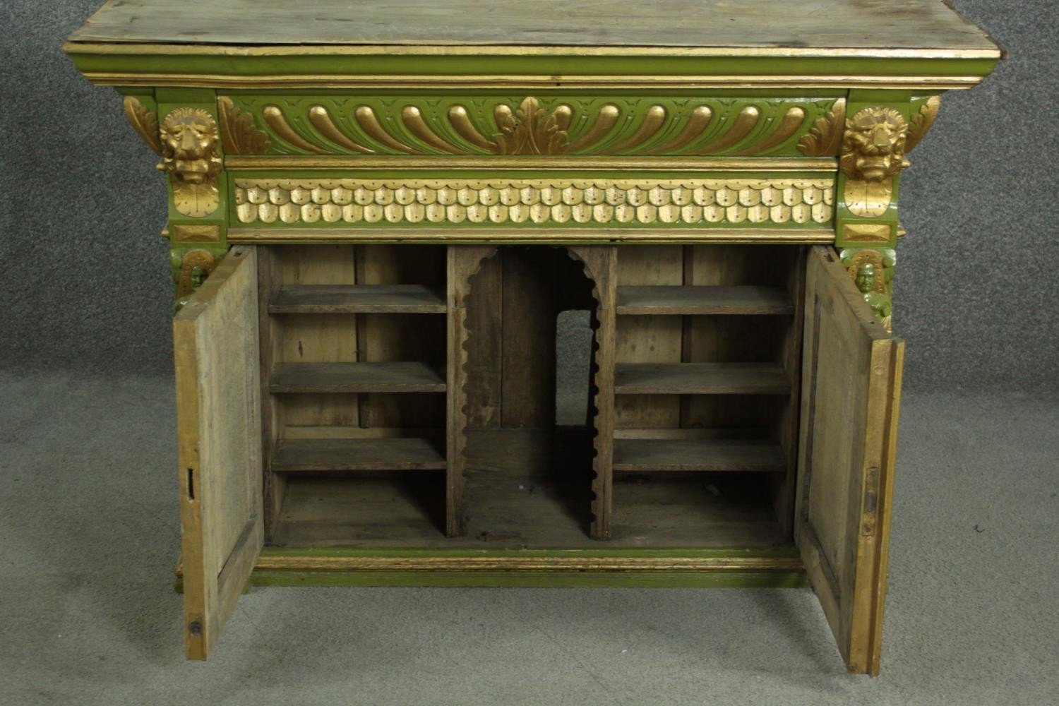 A green painted and parcel gilt cabinet, with a gadrooned cornice, above a frieze of scales, over - Image 12 of 13