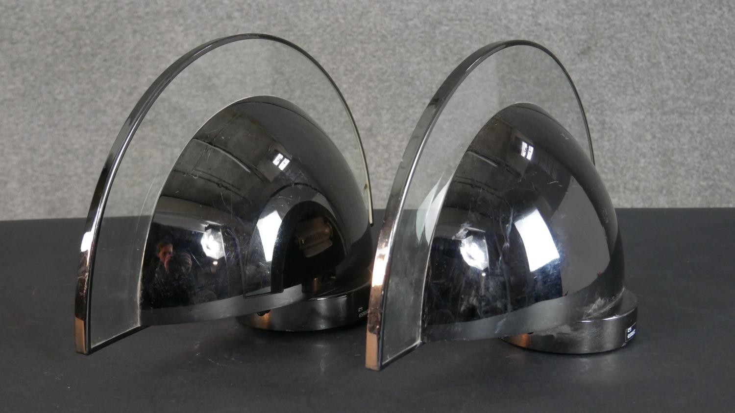 Two pairs of mid century Estiluz chrome and glass semicircular design wall lights, with makers - Image 4 of 11