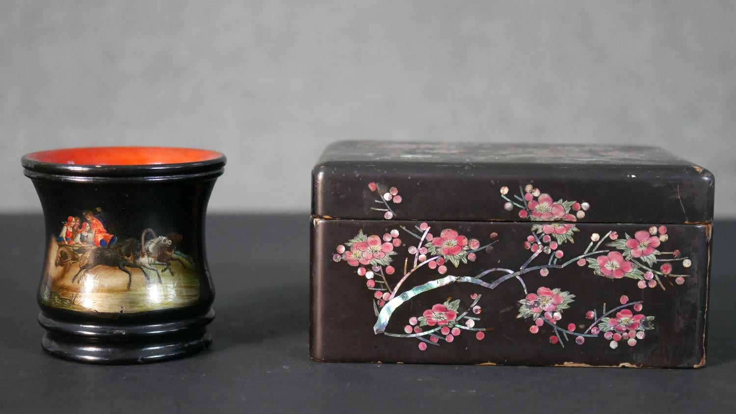 A collection of boxes and other items, including a Chinese lacquered and mother of pearl inlaid box, - Image 2 of 10