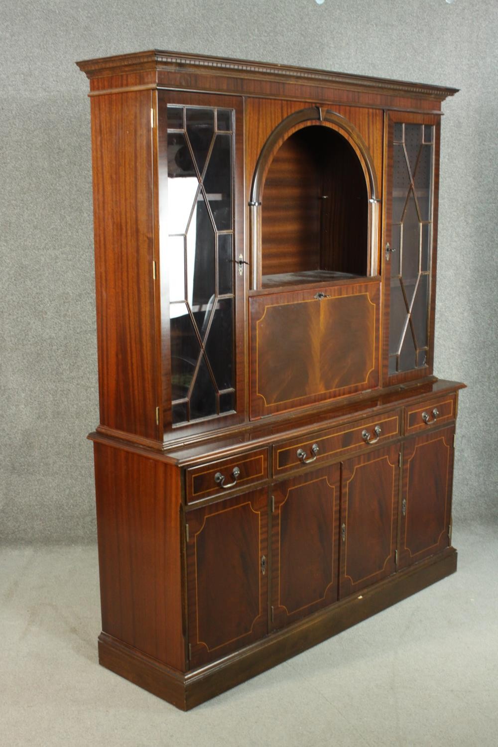 A George III style reproduction mahogany side cabinet, with a dentil cornice over a rounded arched - Image 4 of 7