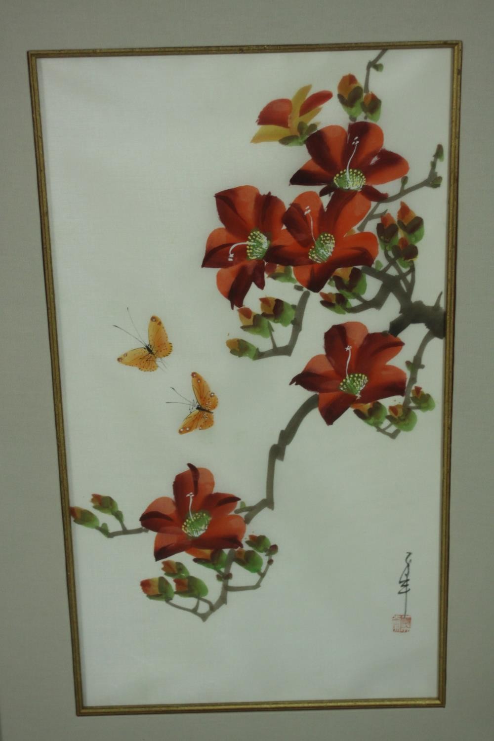 Three framed and glazed Chinese inks on silk depicting flowers, foliage and insects. Each with - Image 5 of 15