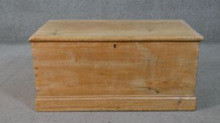 A 19th century pine travelling trunk fitted with candle box and twin metal carrying handles on a