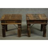 A pair of small Indian sheesham wood coffee tables, the square top with studded details, over iron