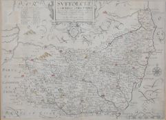 Christopher Saxton, a 19th century hand tinted engraved map of Suffolk. H.46 W.55cm