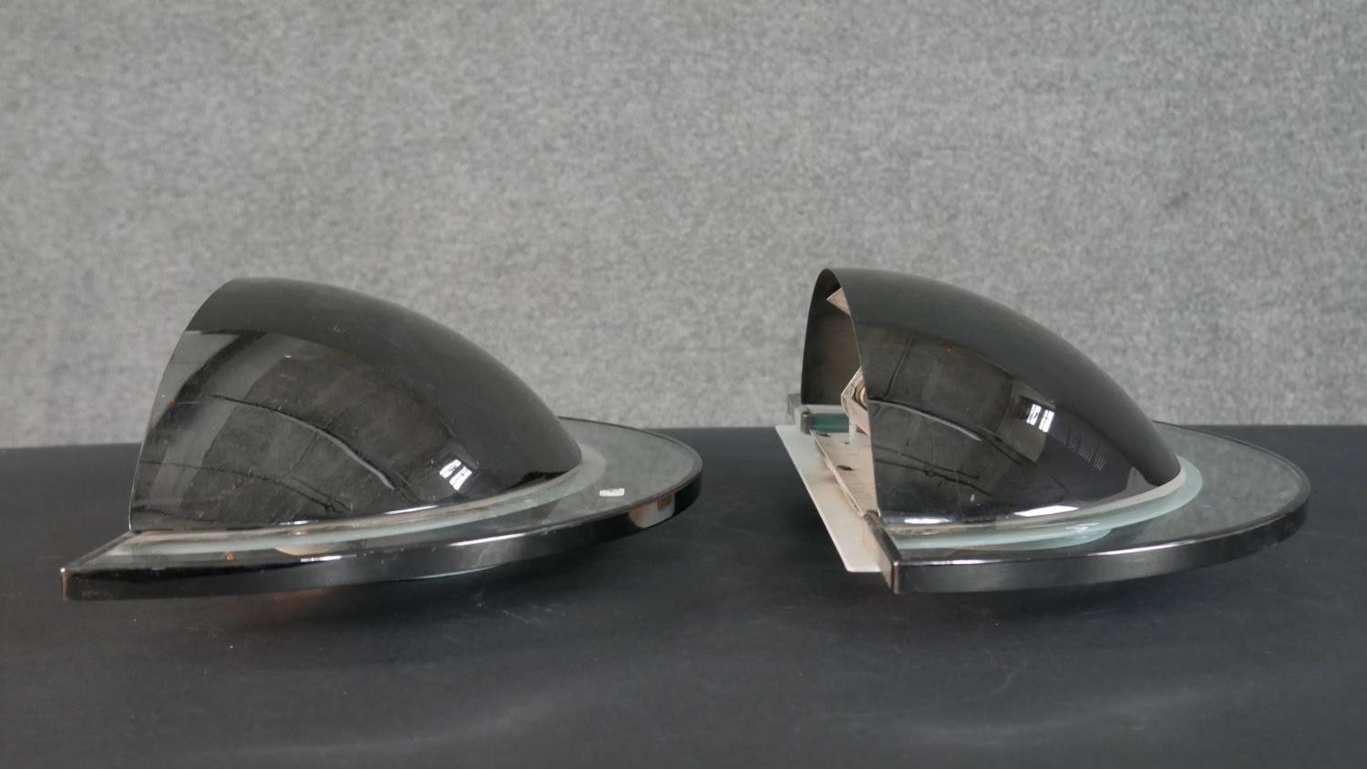 Two pairs of mid century Estiluz chrome and glass semicircular design wall lights, with makers - Image 8 of 11