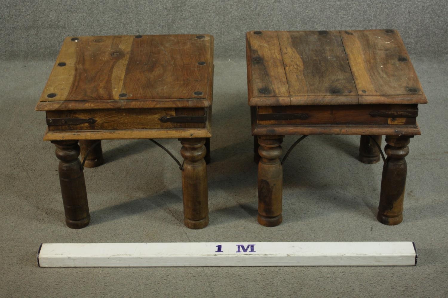 A pair of small Indian sheesham wood coffee tables, the square top with studded details, over iron - Image 2 of 6