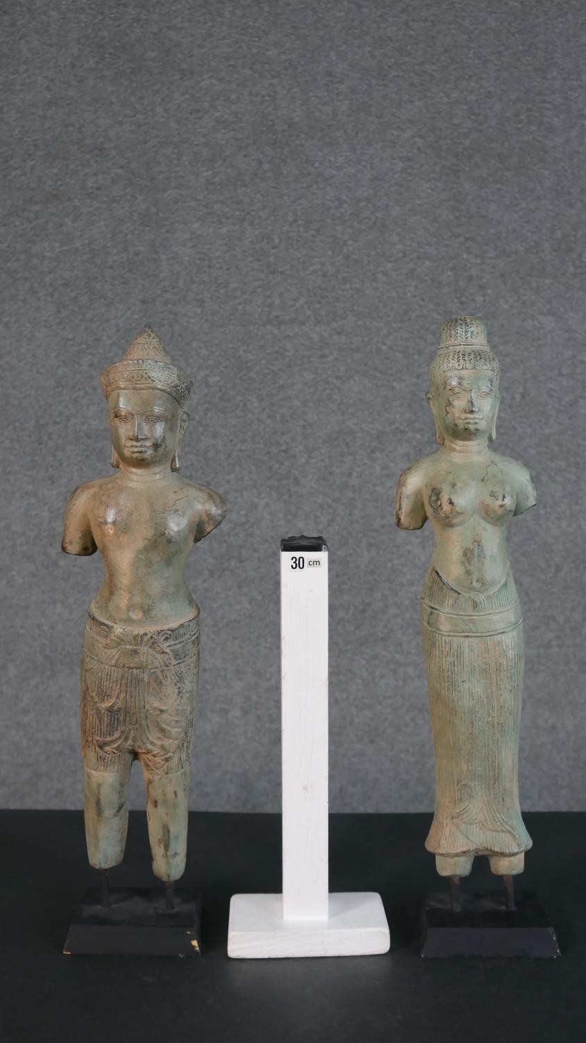 Two Khmer style bronze effect metal figures of two deities on display stands. H.46cm (largest) - Image 9 of 9