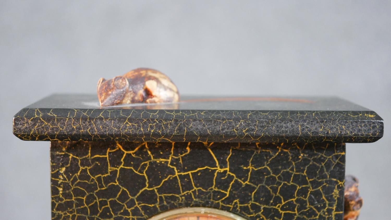 An Irish lacquered and carved mantle clock with crackle finish and with four mice running over the - Image 3 of 7
