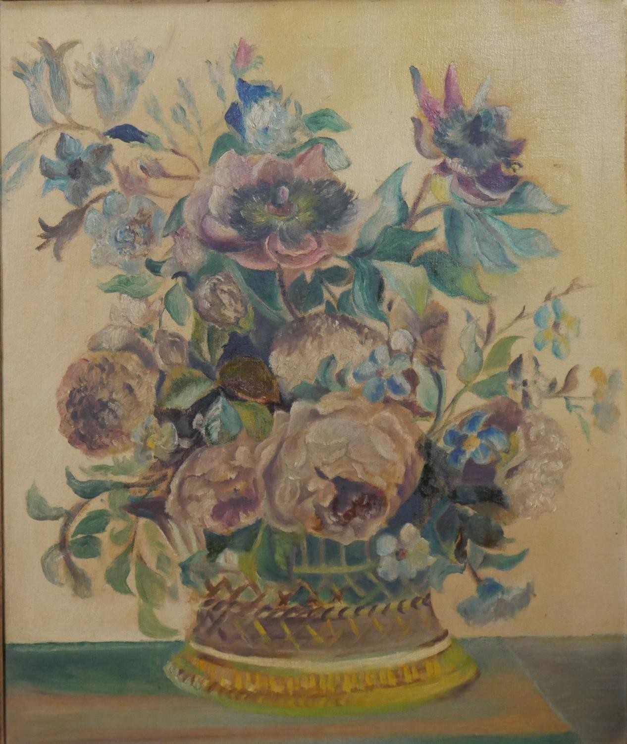 A moulded gold painted framed oil on canvas of a still life of a vase of flowers, unsigned. H.77 W.