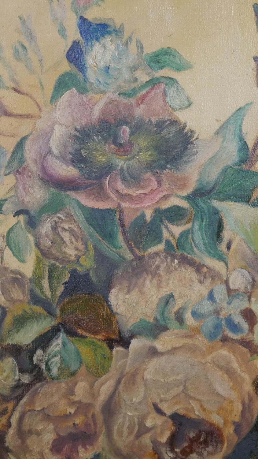 A moulded gold painted framed oil on canvas of a still life of a vase of flowers, unsigned. H.77 W. - Image 4 of 6