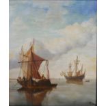 A framed 19th century oil on board of sailing ships at sea, monogramed CWS. H.52 W.48cm