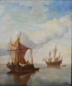 A framed 19th century oil on board of sailing ships at sea, monogramed CWS. H.52 W.48cm