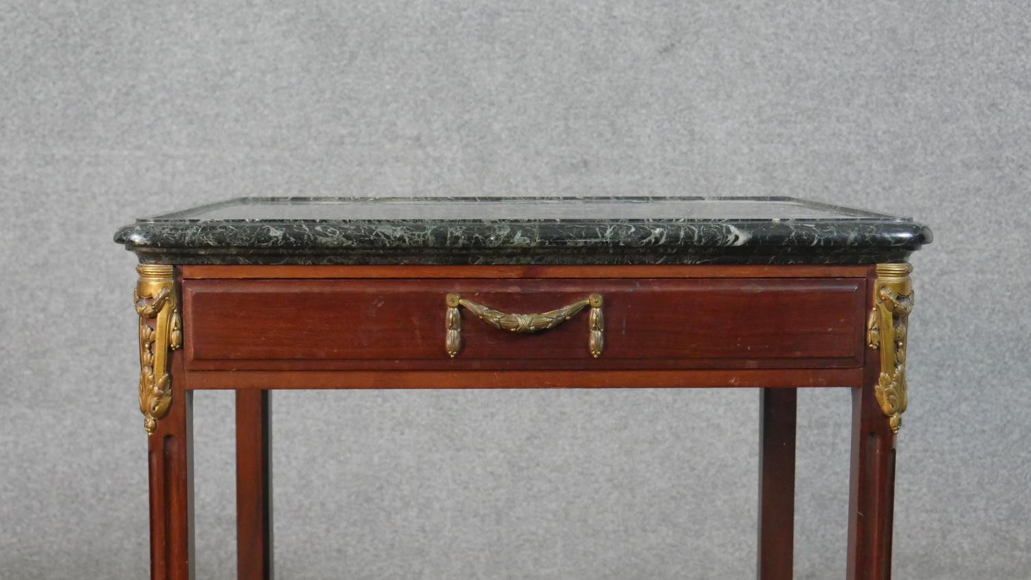 A French Directiore style mahogany gueridon table, with a green marble top, over a single drawer, on - Image 6 of 8