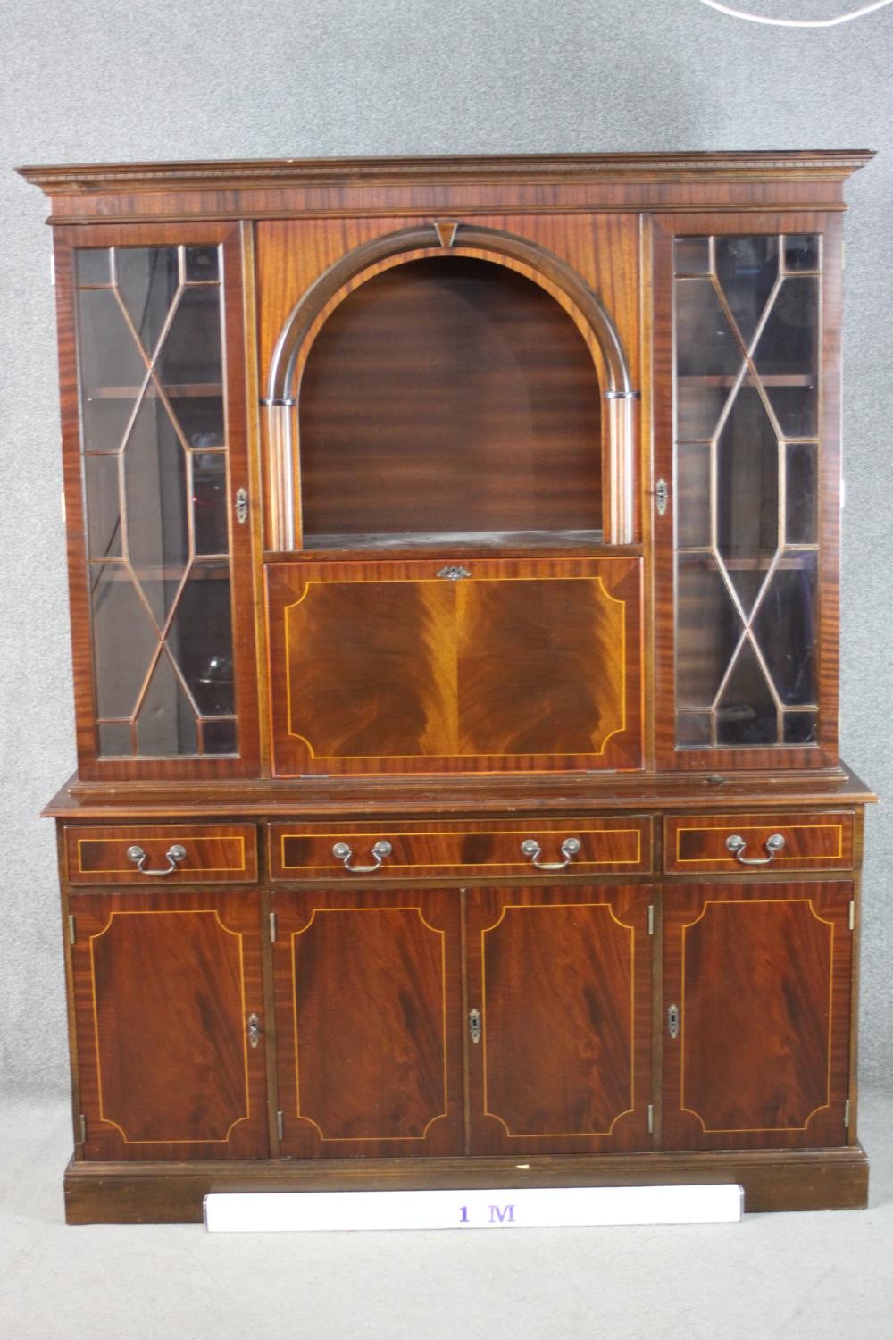 A George III style reproduction mahogany side cabinet, with a dentil cornice over a rounded arched - Image 2 of 7