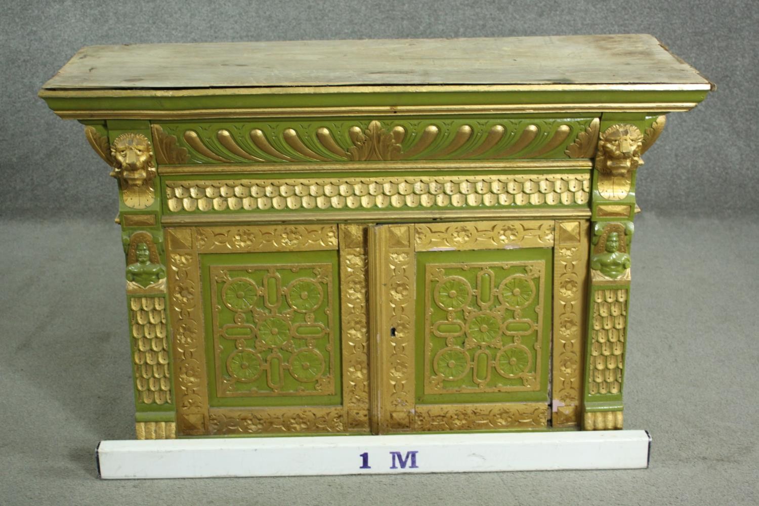 A green painted and parcel gilt cabinet, with a gadrooned cornice, above a frieze of scales, over - Image 2 of 13