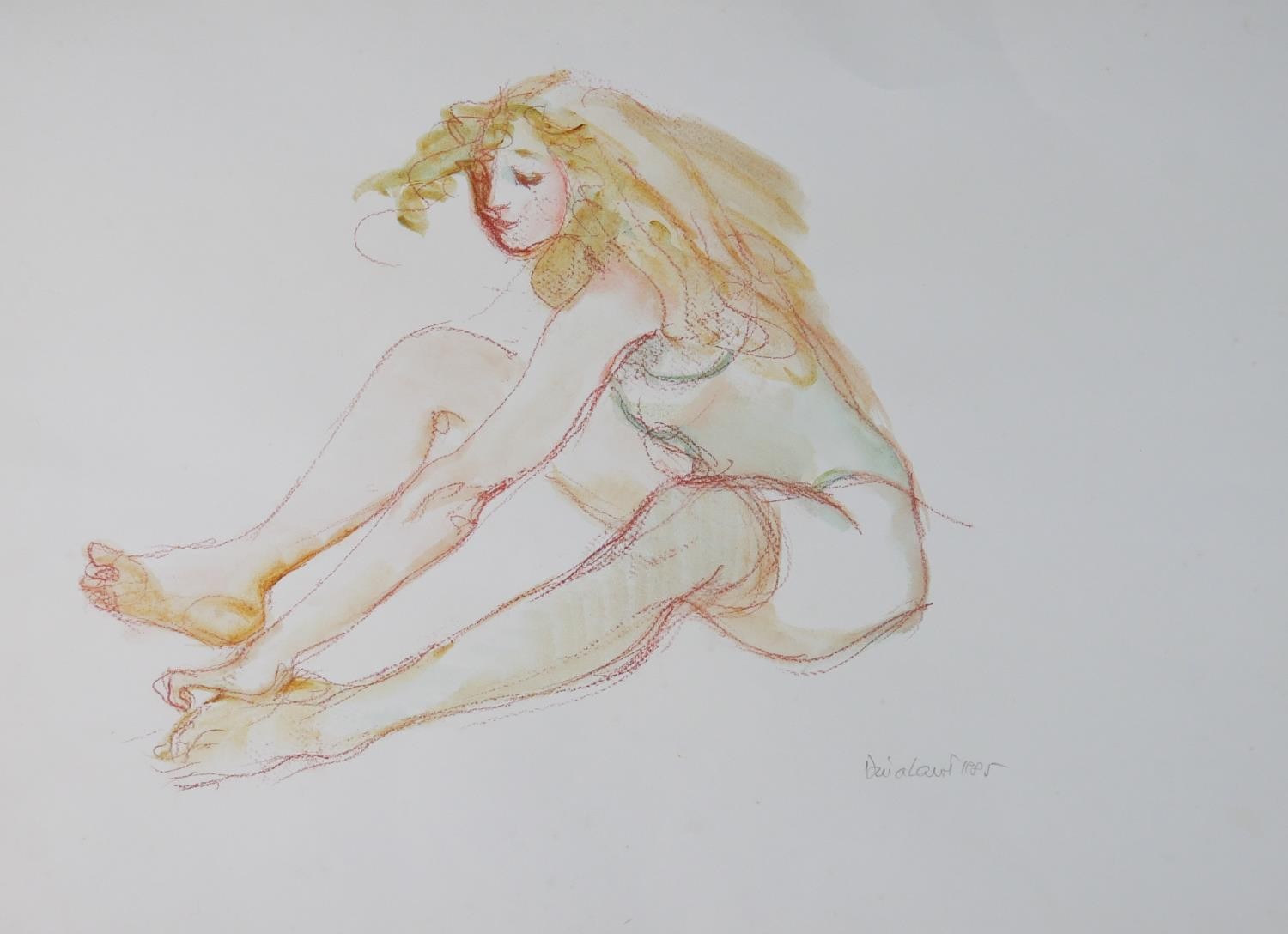 Dina Larot- 1942, watercolour and red chalk on paper, seated female touching toes, signed and