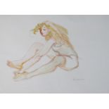 Dina Larot- 1942, watercolour and red chalk on paper, seated female touching toes, signed and