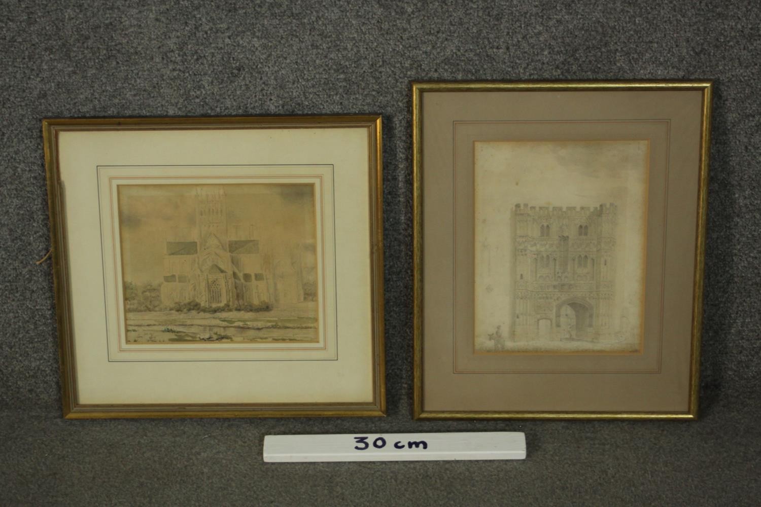 A framed and glazed watercolour of a church along with a pencil drawing of a similar subject. Both - Image 2 of 11
