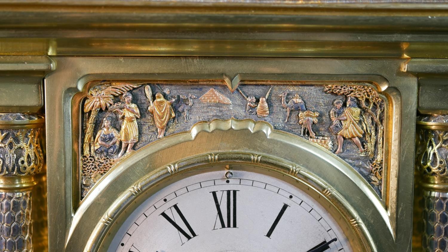 A 19th century tri-metal Egyptian relief design mantle clock of architectural form. Brass movement - Image 3 of 13