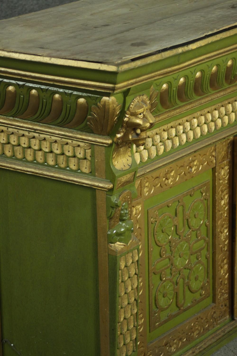 A green painted and parcel gilt cabinet, with a gadrooned cornice, above a frieze of scales, over - Image 8 of 13