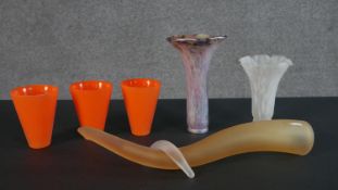 A collection of six art glass light shades, including an iridescent marbled glass trumpet shade