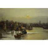 F. Munsterfeld, Dutch Riverside Scene, oil on canvas, signed lower right. H.90 W.105cm.