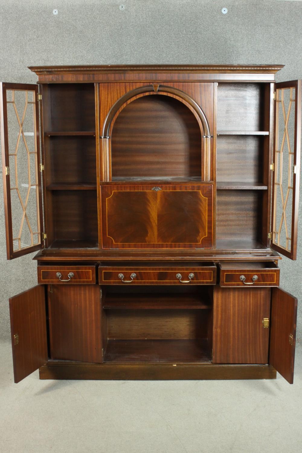 A George III style reproduction mahogany side cabinet, with a dentil cornice over a rounded arched - Image 3 of 7