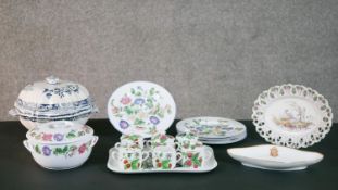 A collection of ceramics, including a hand painted bird plate with floral border, a hand painted