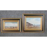 Two gilt framed oils on board of beach scenes with figures and sailing boats, indistinctly signed.