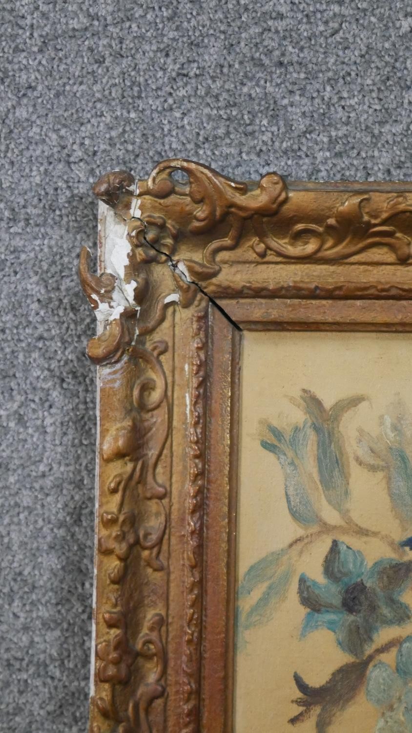 A moulded gold painted framed oil on canvas of a still life of a vase of flowers, unsigned. H.77 W. - Image 5 of 6