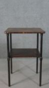 A vintage two tier industrial table on circular metal supports. H.77 W.51 D.45cm