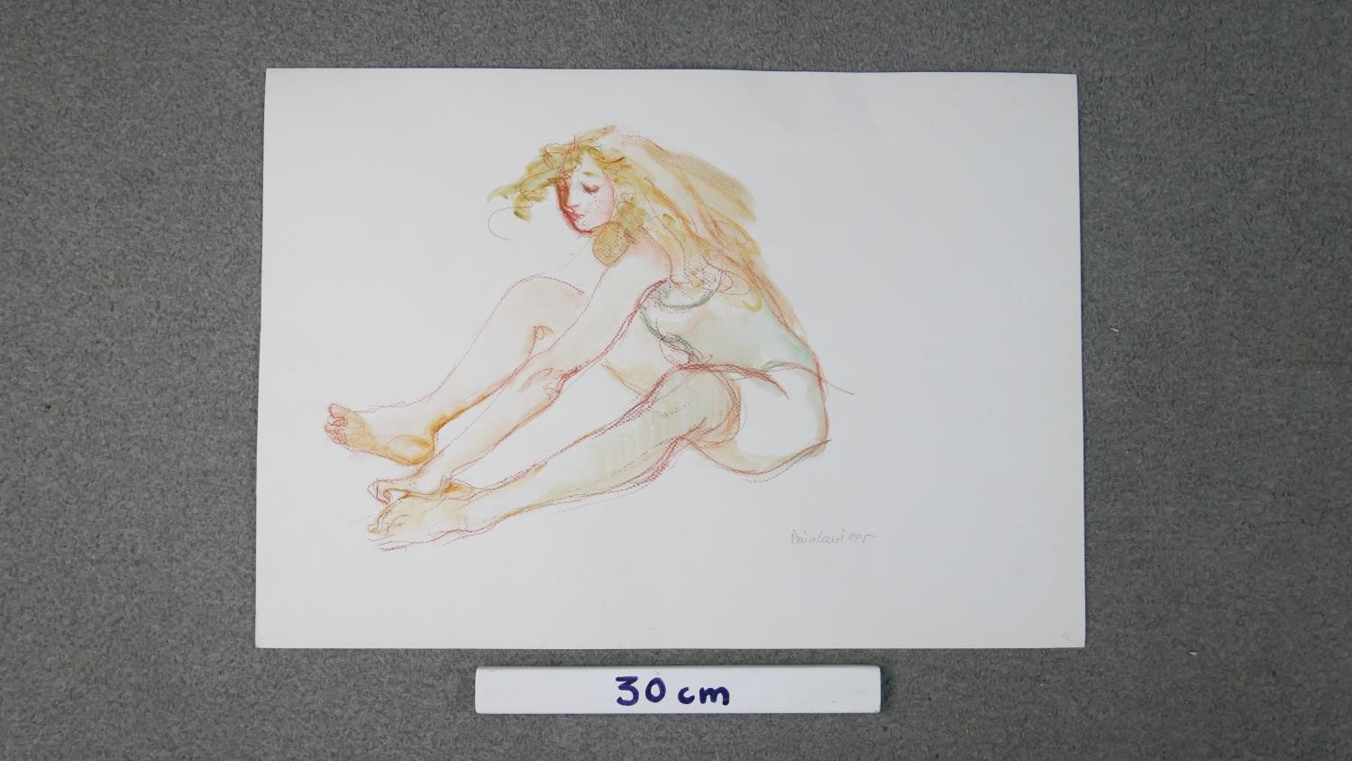 Dina Larot- 1942, watercolour and red chalk on paper, seated female touching toes, signed and - Image 3 of 5