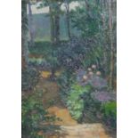 After Pissaro, oil on cavas on board of a garden path, unsigned, label verso. H.41 W.31cm