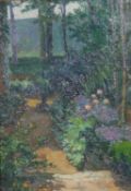 After Pissaro, oil on cavas on board of a garden path, unsigned, label verso. H.41 W.31cm