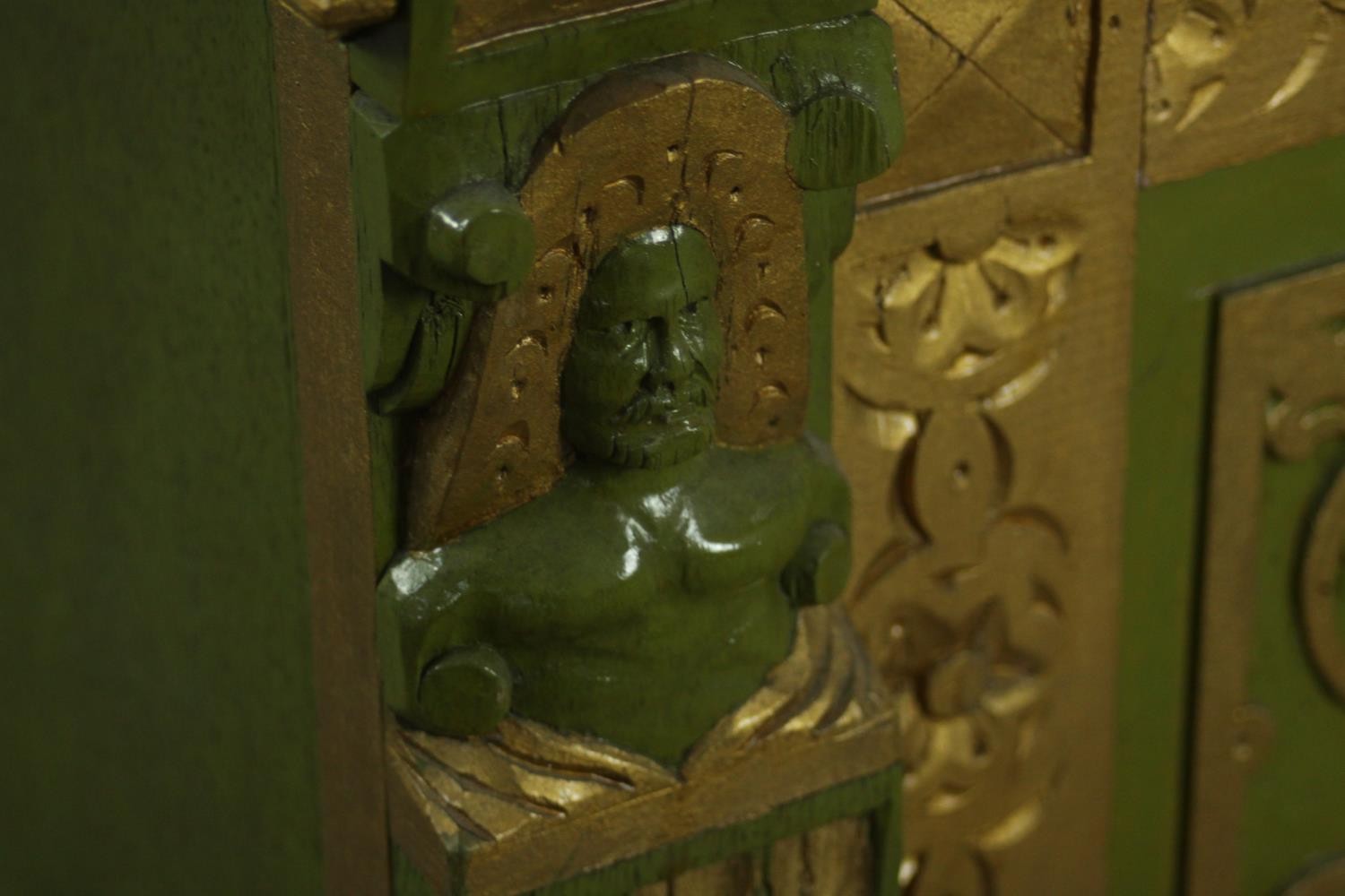 A green painted and parcel gilt cabinet, with a gadrooned cornice, above a frieze of scales, over - Image 10 of 13