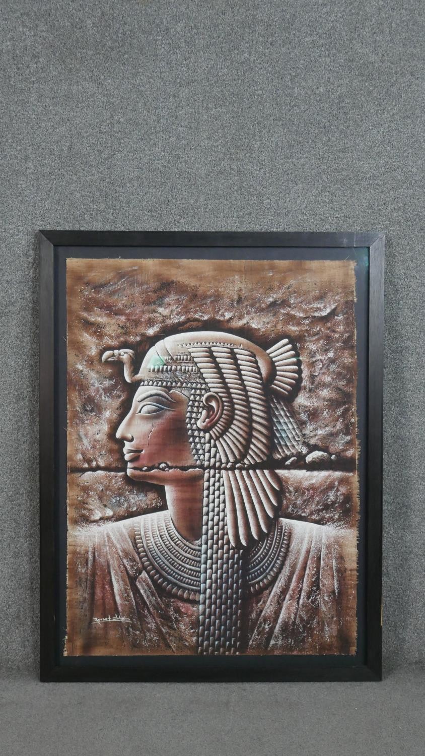 Monsef Labib (Contemporary Egyptian), Ancient Egyptian Study, gouache on papyrus, signed lower left, - Image 2 of 7