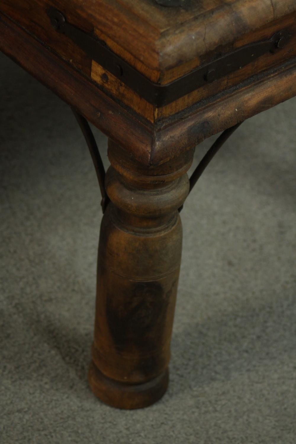 A pair of small Indian sheesham wood coffee tables, the square top with studded details, over iron - Image 5 of 6