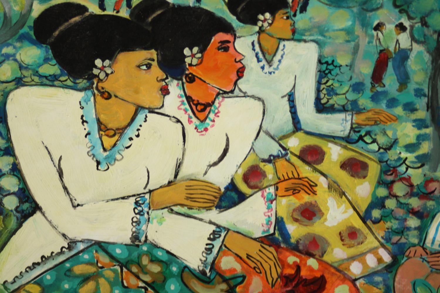 Bramasto (1929 - 1997), oil on canvas of three Indonesian women among foliage, with some figures