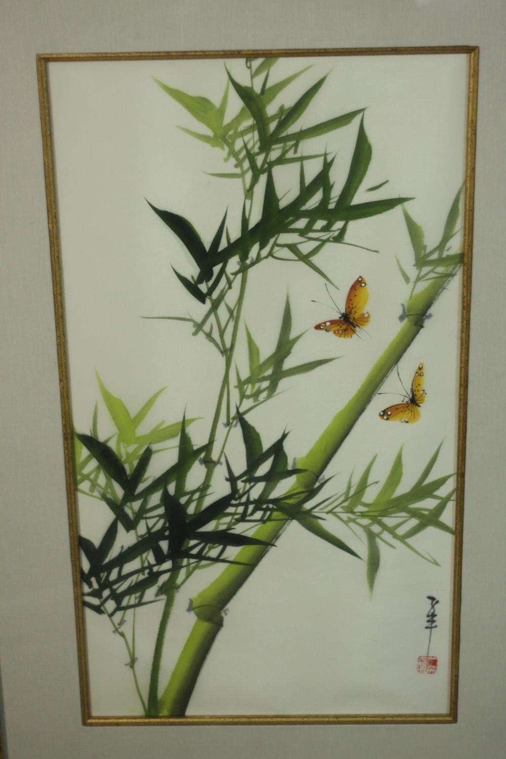 Three framed and glazed Chinese inks on silk depicting flowers, foliage and insects. Each with - Image 3 of 15
