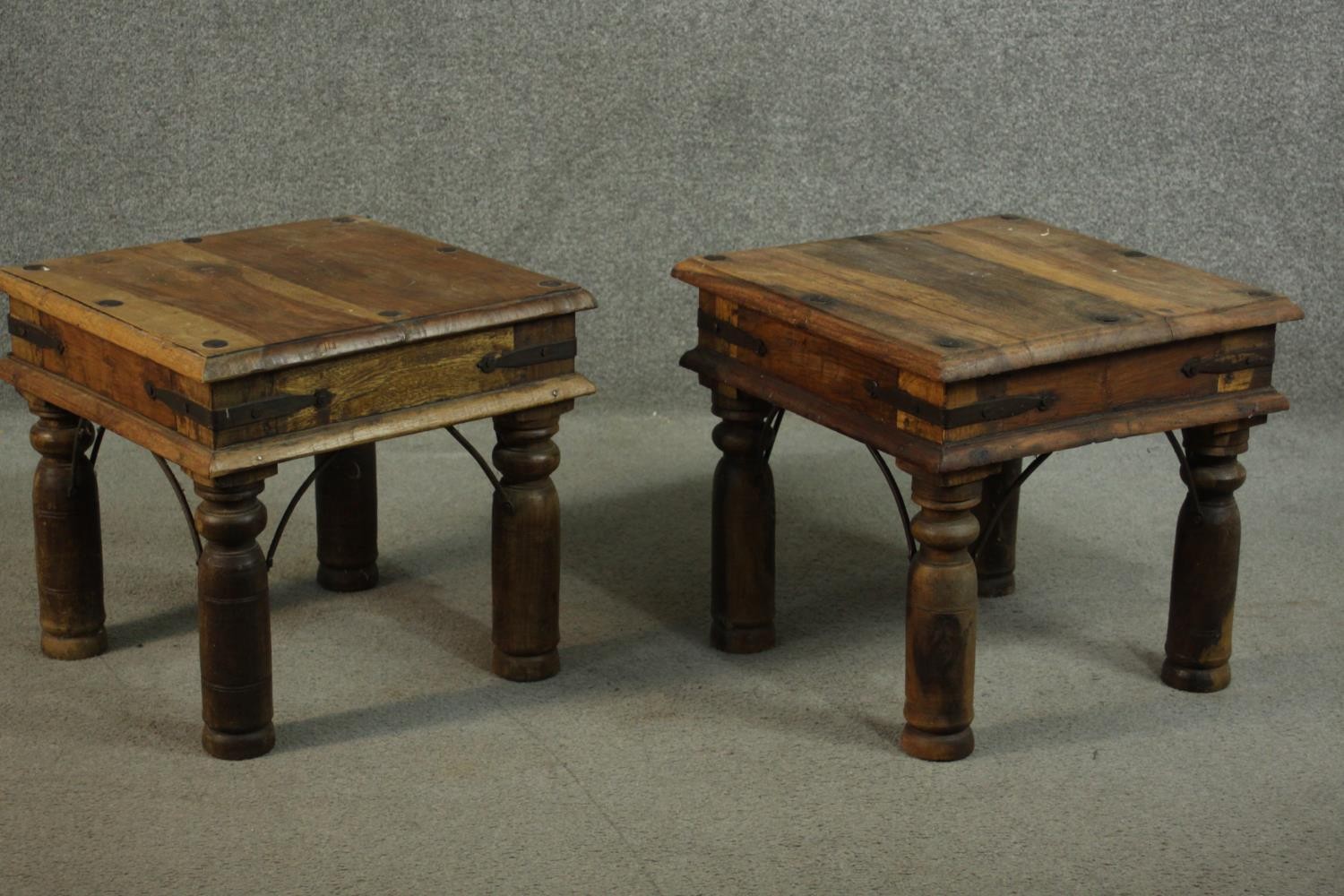 A pair of small Indian sheesham wood coffee tables, the square top with studded details, over iron - Image 4 of 6